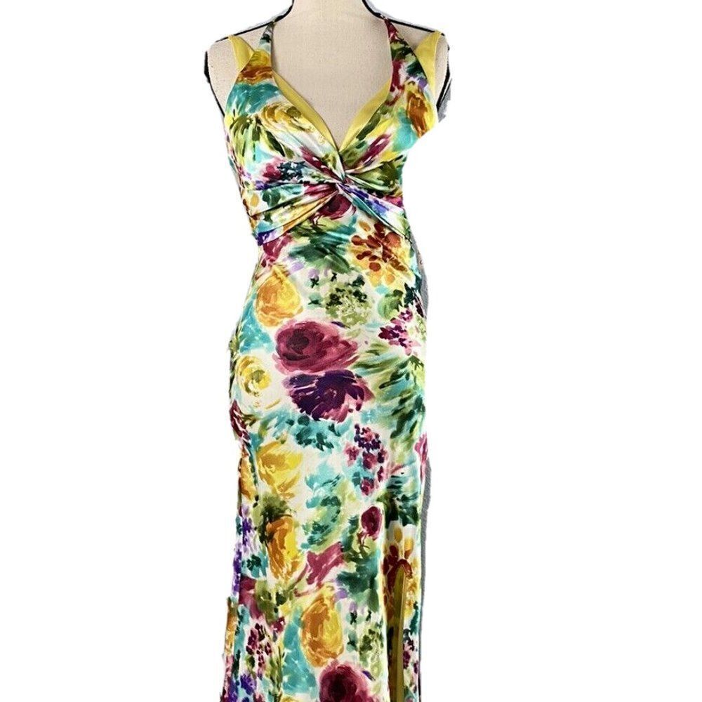 Niki By Niki Livas Dress Yellow Multicolor Floral Strappy Maxi Dress Size 14‎
